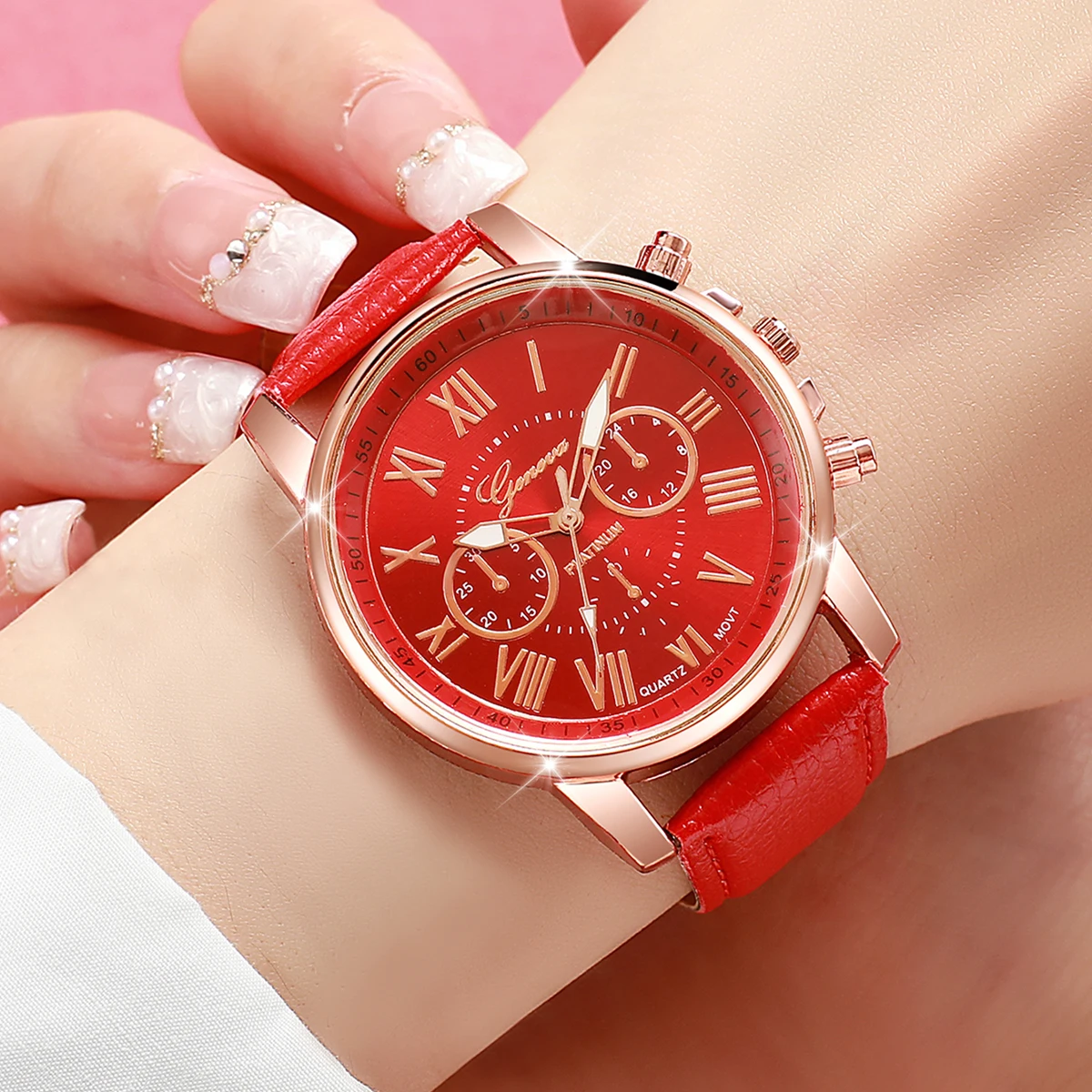 9PCS/Set Women Watches Fashion Roma Dial Ladies Quartz Watch Casual Leather Band Wristwatches Relogio Feminino(Without Box)