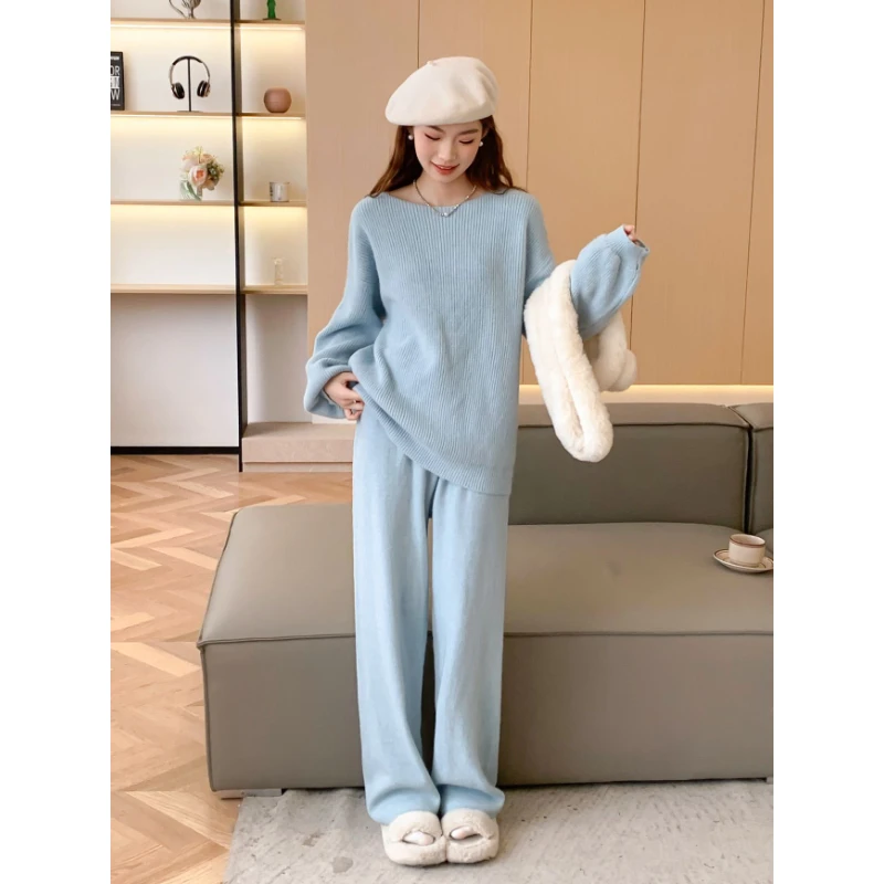 

Autumn and Winter Knitted Pullover Jumper Women's Celebrity Style Set of Loose Knitwear Two-piece Wide Leg Trousers