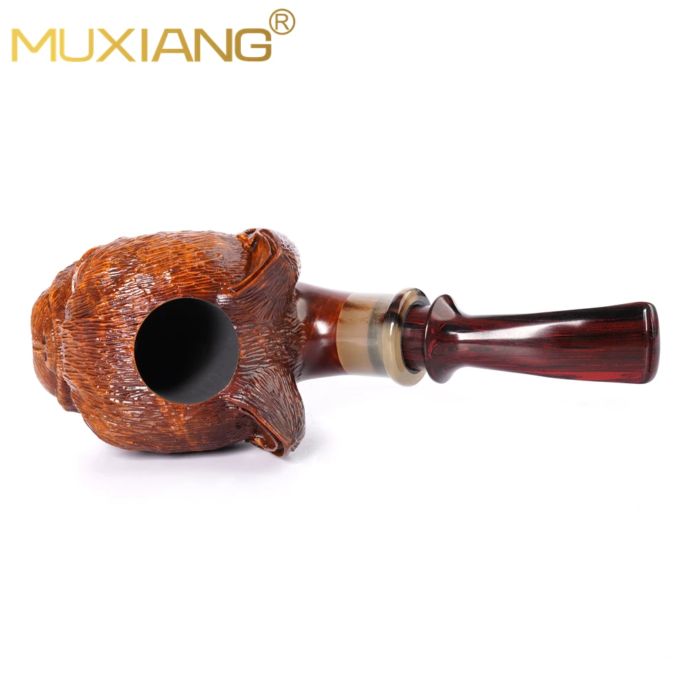 MUXIANG handmade briar tobacco pipe, vulcanized rubber pipe mouthpiece, curved handle master pipe, cat carved pipe，father gifts