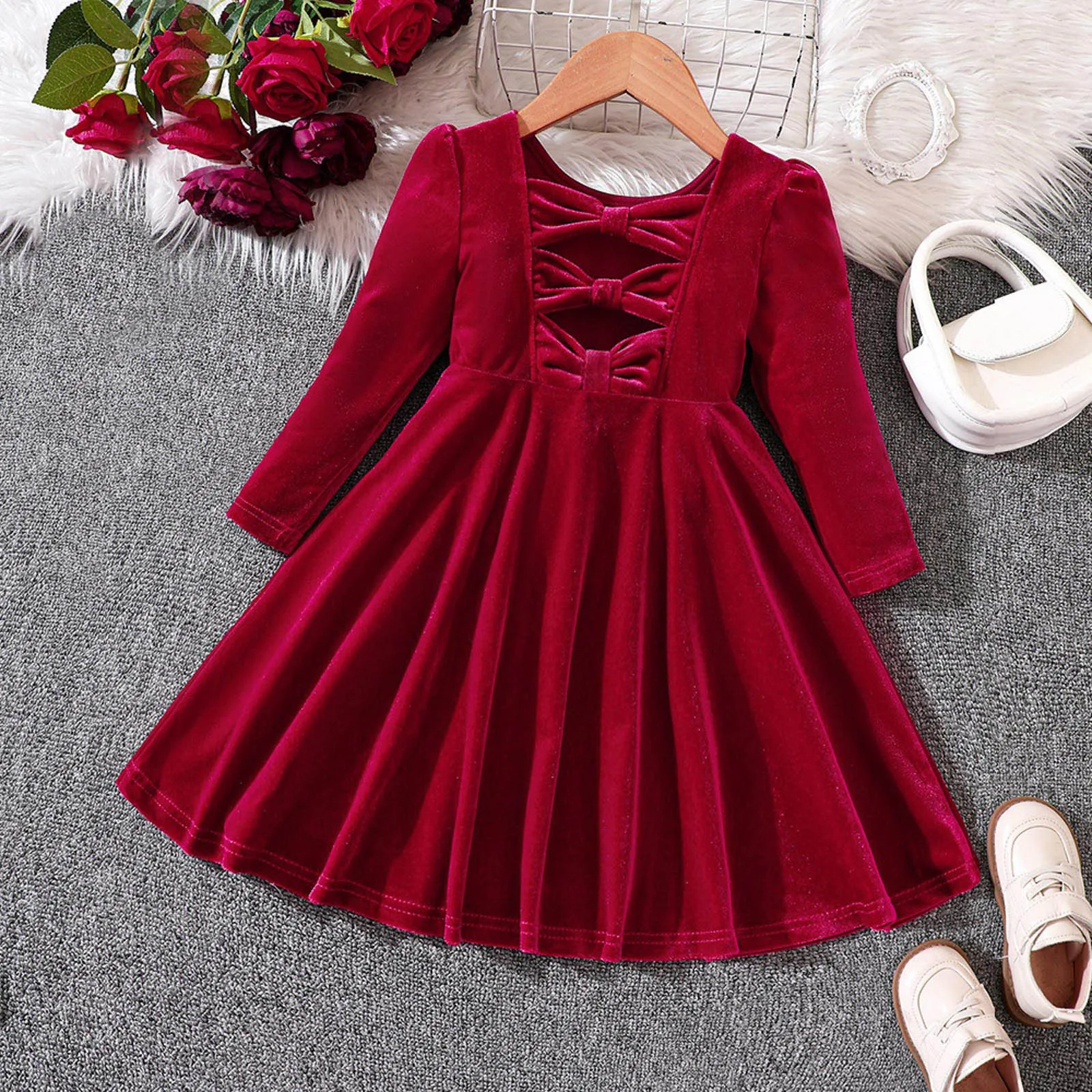 Kids Girls Winter New Christmas Velvet Bow Princess Dress Baby Girl Xmas Party Cosplay Costume Children Christmas Fancy Dress Up