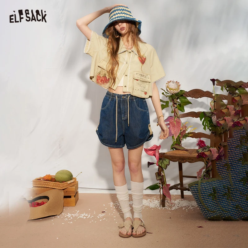 

ELFSACK Women's Vintage Raw Denim Shorts with Drawstring Waist, Punk Streetwear Adjustable Buckle Loose Denim Shorts
