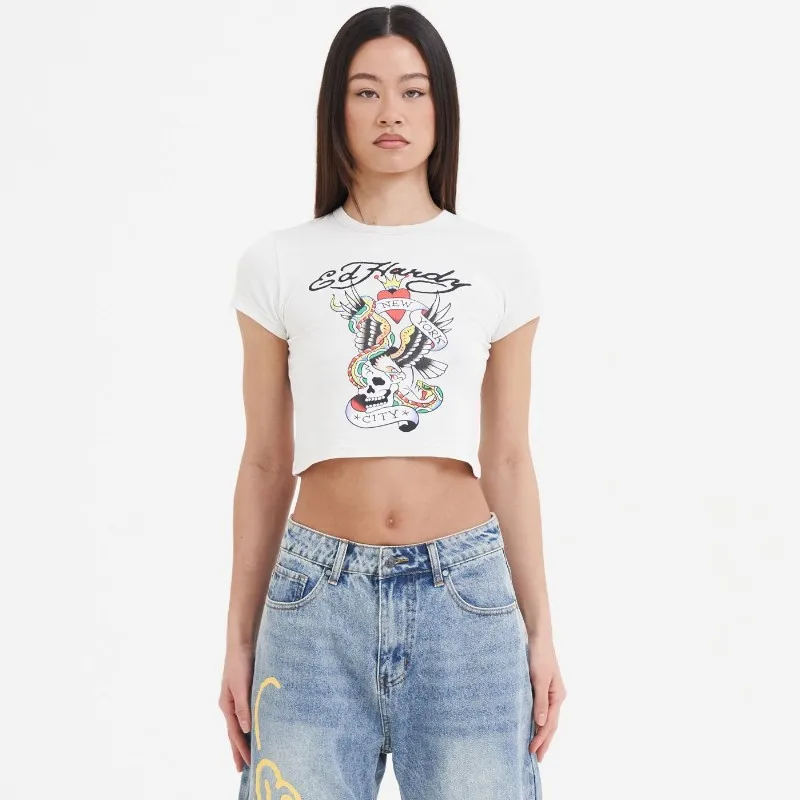 Y2k women\'s round neck short sleeved t-shirt with hip-hop graffiti pattern print, slim fit and sexy vintage clothes streetwear