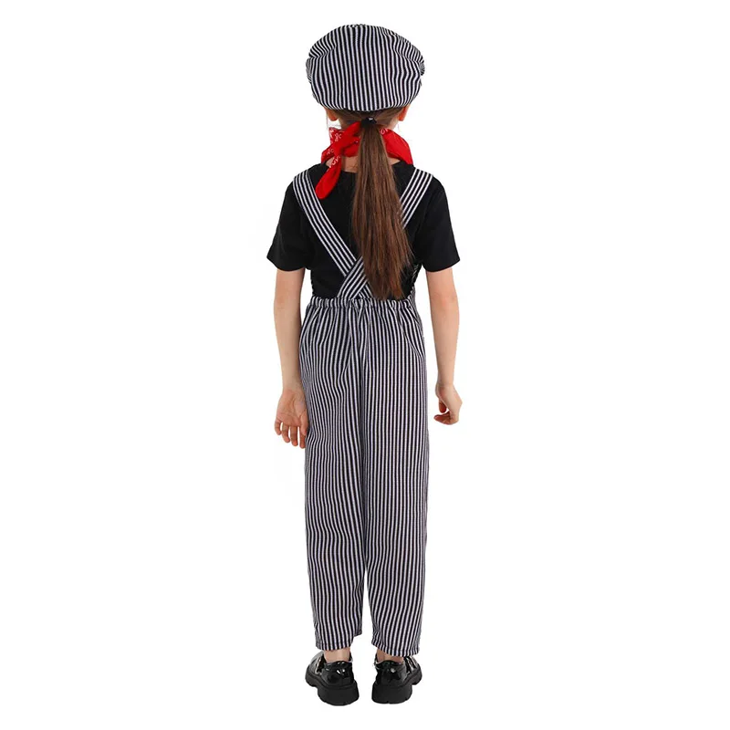 Criança trem engenheiro terno halloween fantasia vestir-se vintage listrado pequeno trem ferroviário engenheiro macacão roupa para menino
