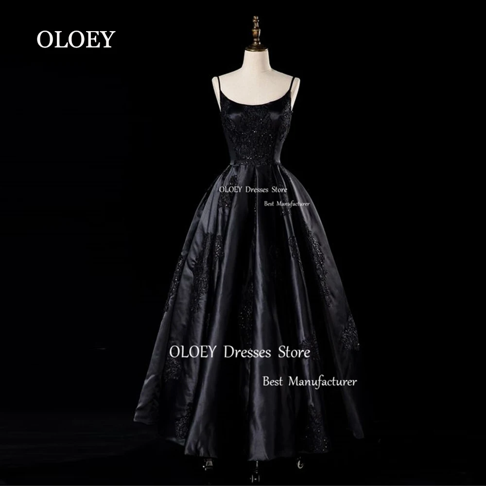 

OLOEY Modest Black Taffeta A Line Evening Dress Beads Spaghetti Straps Sleeveless Wedding Party Gown Scoop Neck Zipper Custom