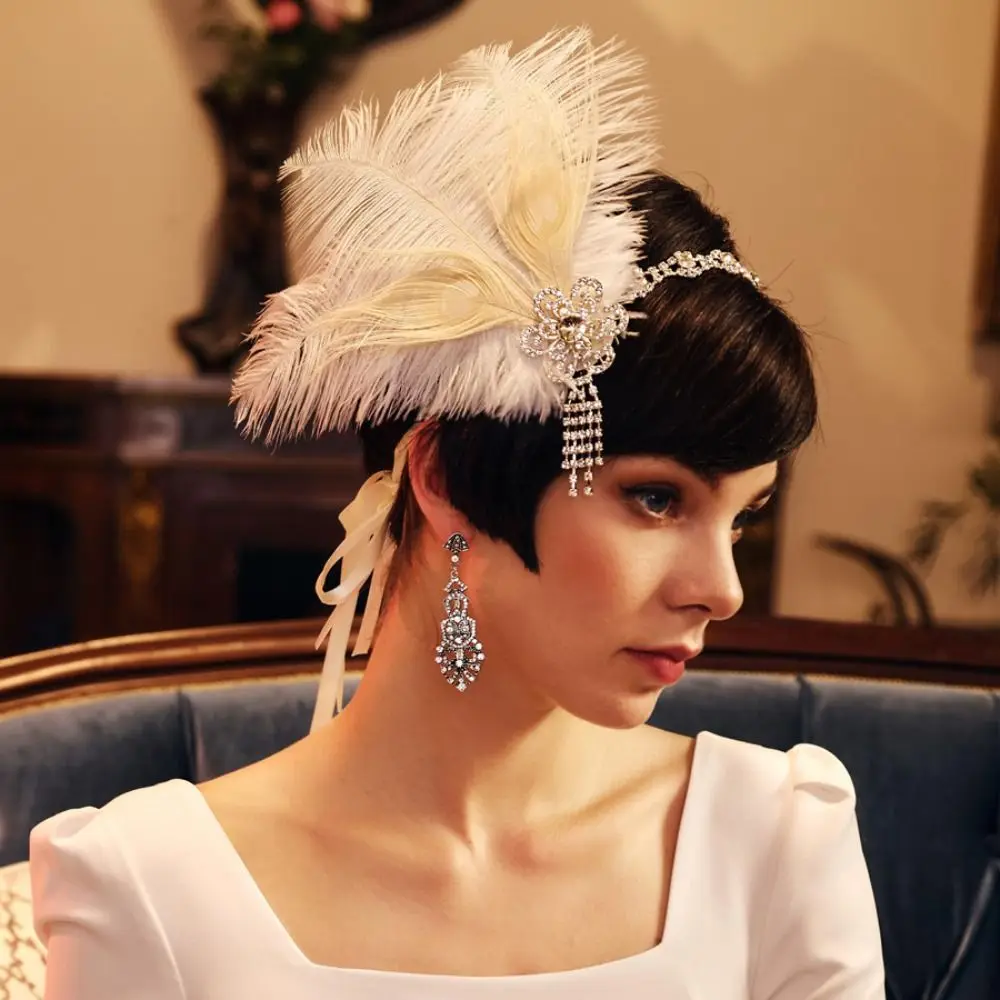 

Vintage Feather Headband 1920s Elegant Cosplay Dress Headwear Makeup Party Diamond Masquerade Hair Band Bridal Headdress