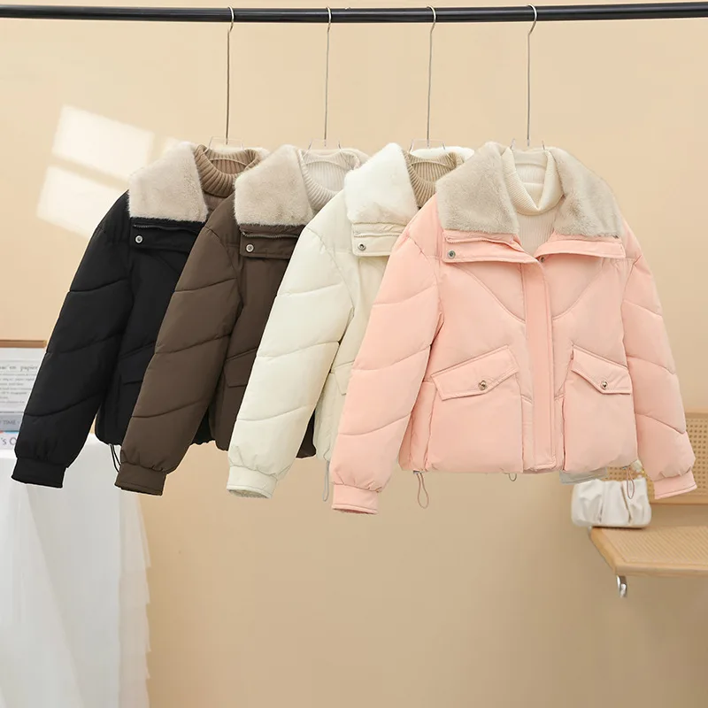 レディースゆったり暖かいショートコート クラシック冬用スタイリッシュデザイン 厚手折り返し襟パーカー トレンドポケット付きコットンジャケット