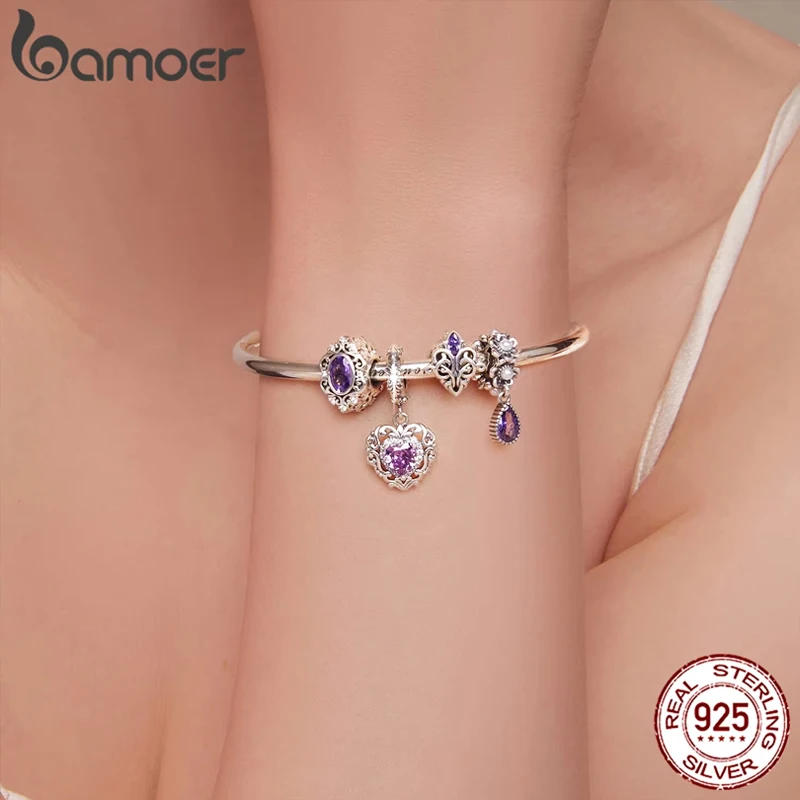 BAMOER 925 Sterling Silver Purple Shining Stone Collection Charms Love Drop Pendant fit for Charm Bracelet Vintage Pattern Beads