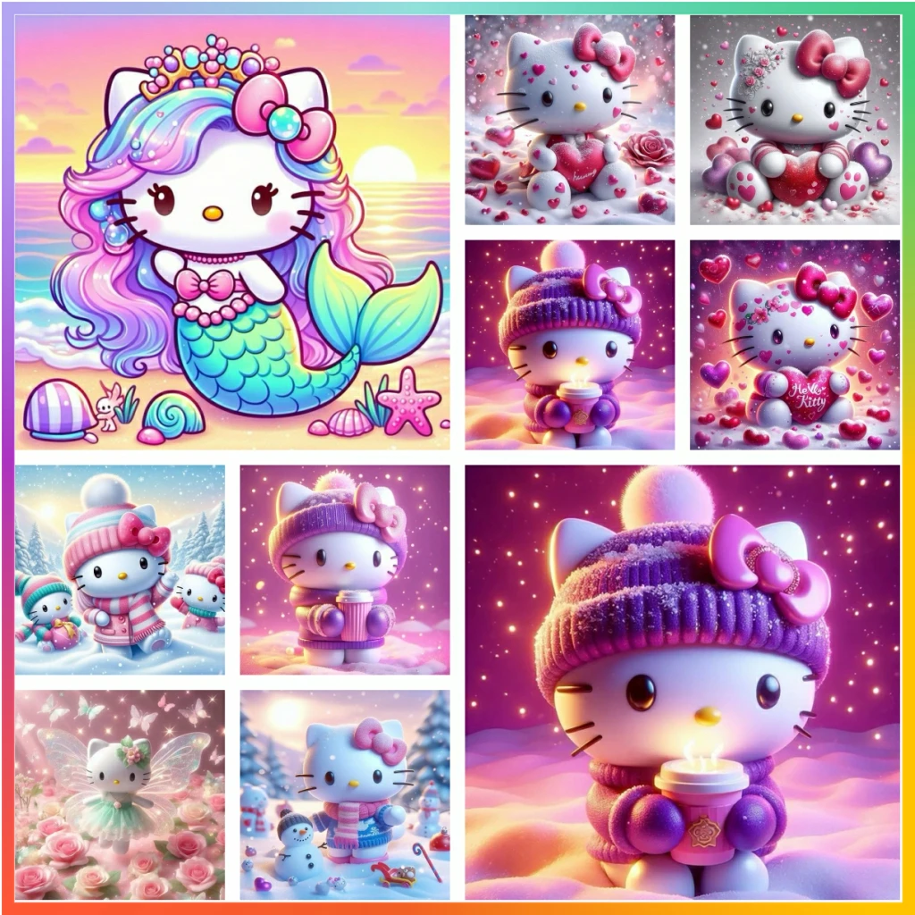 

Алмазная живопись Hello Kitty Sanrio с красочным мультяшным милым котом, 5D DIY искусство, мозаика, вышивка крестиком, элемент для вышивки женский подарок