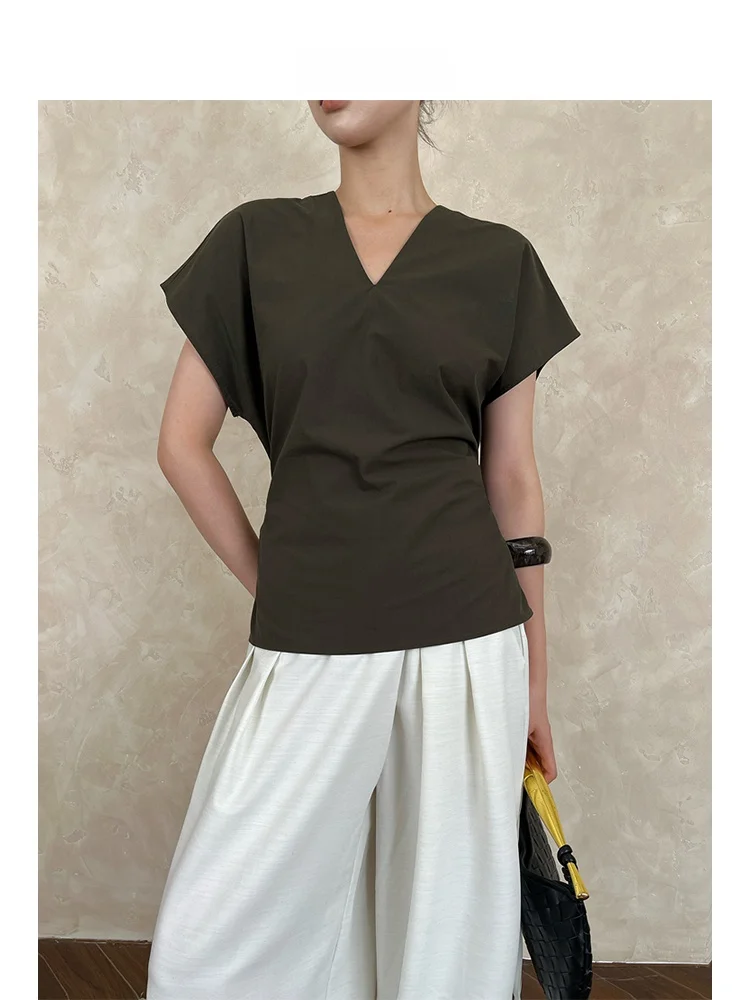 

Arete Ak Vintage Simple Sle ort Sve Pure Color Belted Women's Top Summer High-End Slimming Straight Cotton T-irt