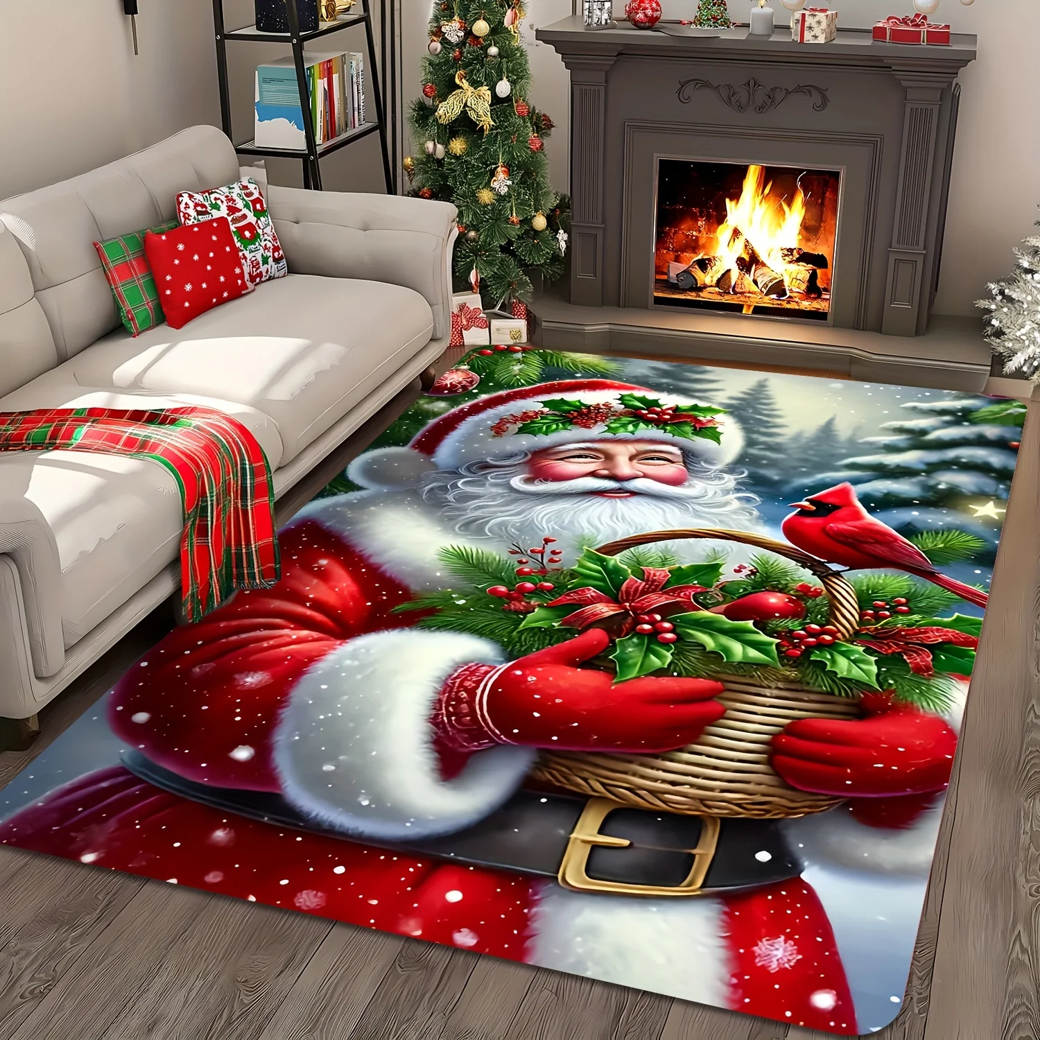 Santa Claus Doormat, Christmas Gift Basket Entrance Rug, 3D Festive Floor Mat, Red Holiday Decor, Non-slip Xmas Carpet