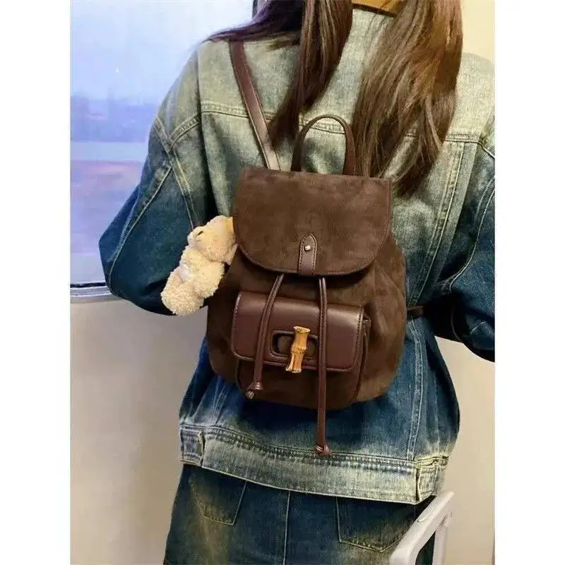 Bloom Hot Girls Brown Mini Backpack Women New Retro Versatile Suede Chic Y2k Backpacks Female Vintage Casual Mochila Aesthetic