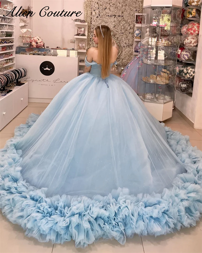 

Exquisite Sky Blue Quinceanera Dresses 2024 Off The Shoulder Ruffles Tiered Sweet 15 Years Girl Birthday Dresses Vestidos