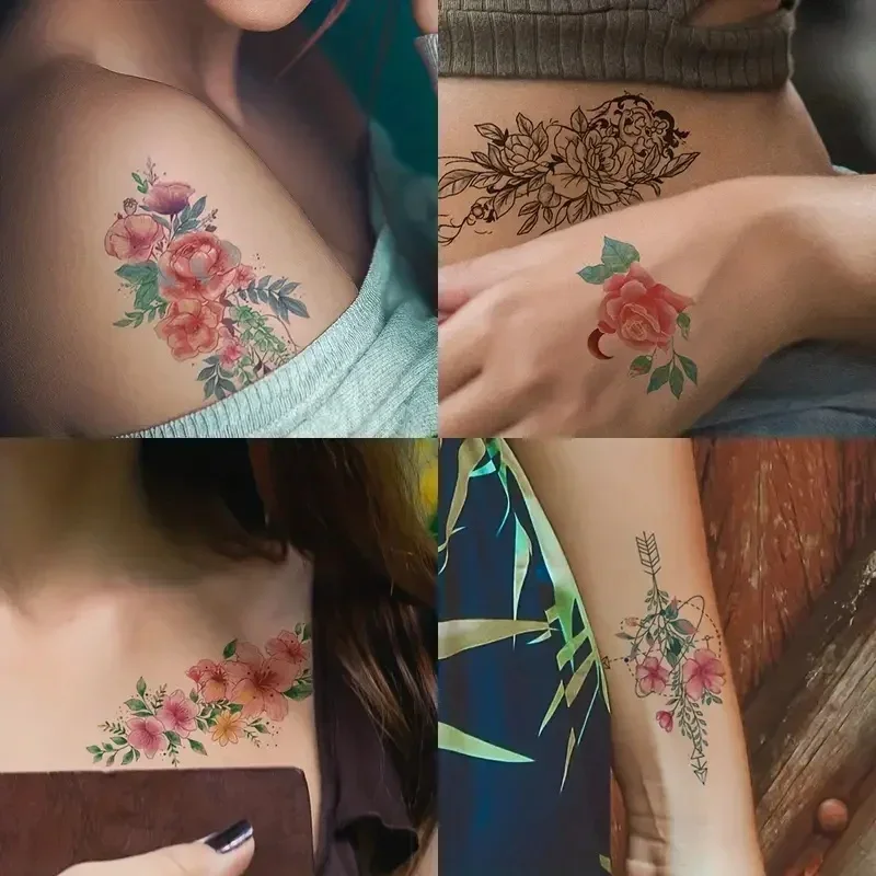 30pcs/set Temporary Women Girls Tattoos Watercolor Pink Flower Blossoms Small Tattoo Waterproof Sticker for Hand Neck Wrist Arm