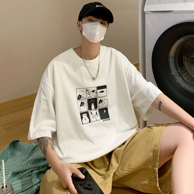 PRIVATHINKER Cat Simple Cute Cartoon Graphic Men Tshirt Short Sleeve T-shirt Kawaii Fashion Male Oversize T Shirt Men\'s Clothing