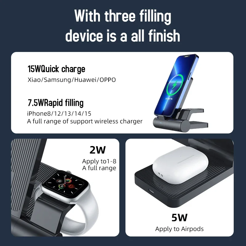 محطة شحن لاسلكية قابلة للطي 3 في 1 بقدرة 15 وات لهواتف iPhone 15 14 13 12 Pro Max Samsung S22 Airpods لساعة iWatch 6 5 4 3 قاعدة شحن