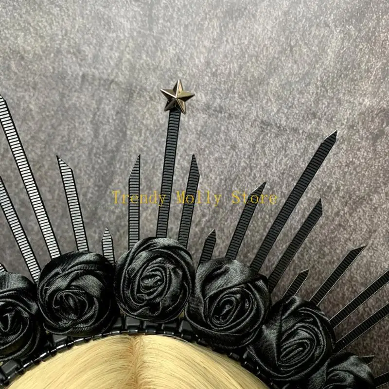 

N5KB Dark Crown Headband Bridal Wedding Accessories Baroque Spiked Hair Hoop