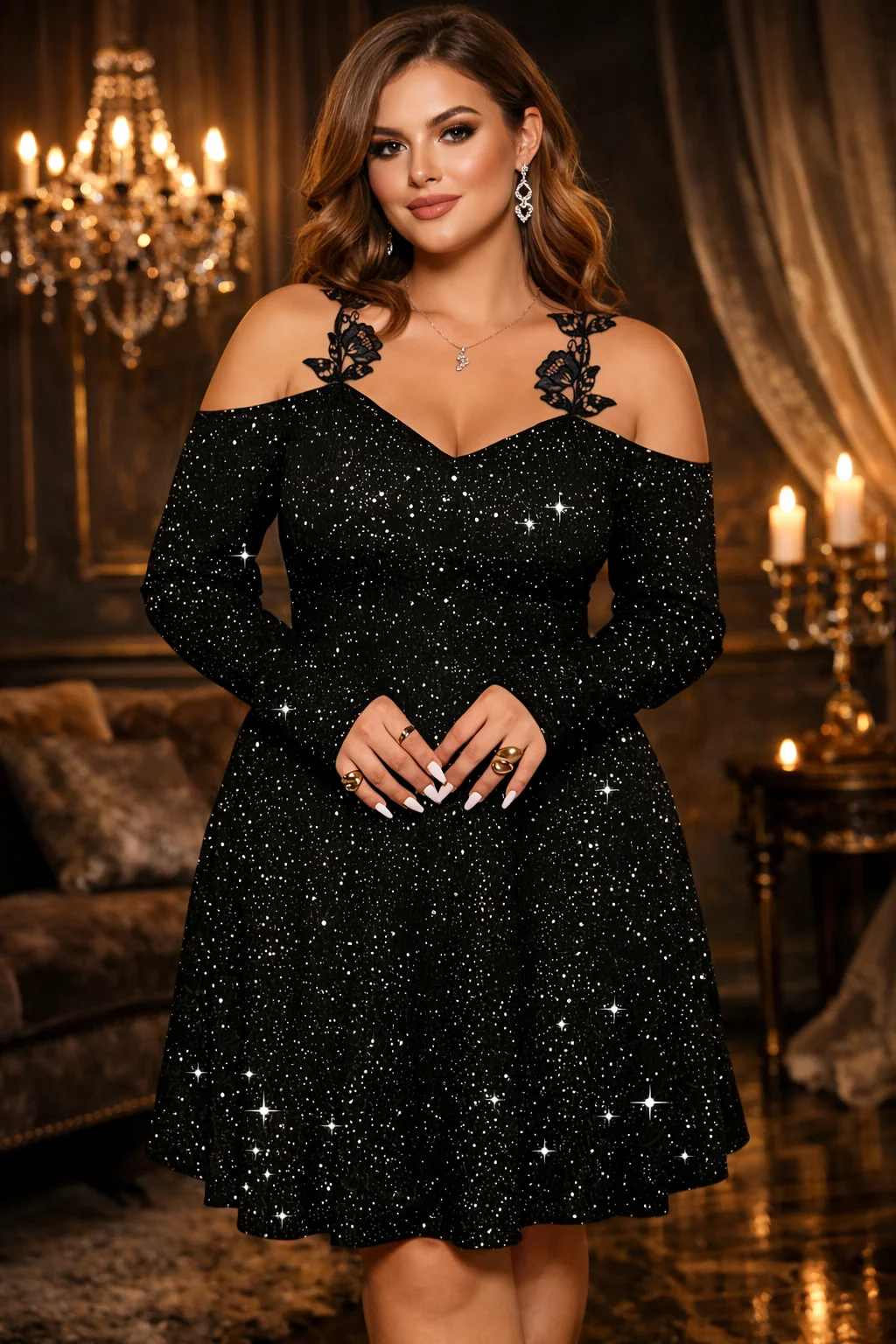 

Women’s Black Off Shoulder Sequin Velvet Dress with Rose Lace Straps, Elegant Plus Size Cocktail Party Evening Dress
