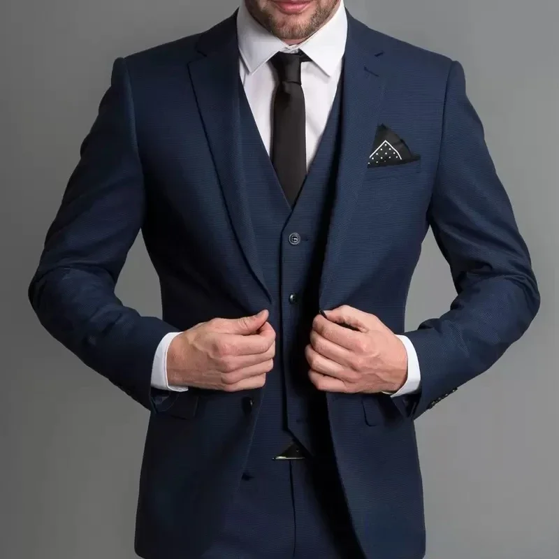 3 Piece Navy Blue Male Suits Slim fit Notched Lapel  Wedding Tuxedos Sets Tailor Made Business Mens Costume (Blazer+Pants+Vest)