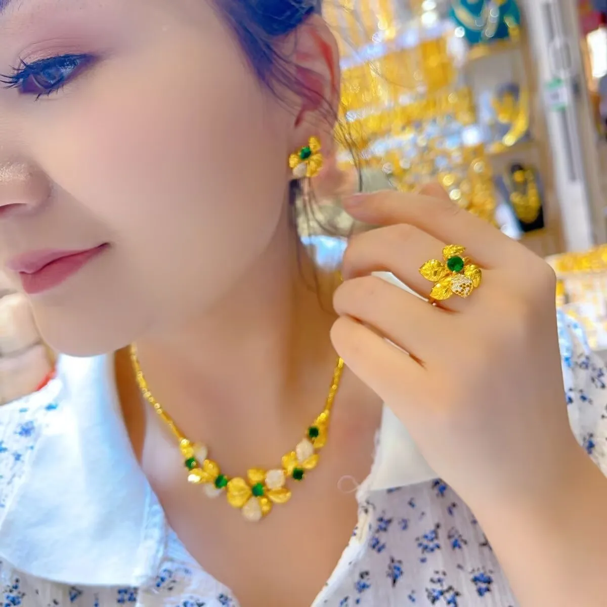 

New Italian 24K Gold Plated Necklace, Earrings, Rings, Wedding Party Jewelry Set as a Holiday Gift for Women YY10759