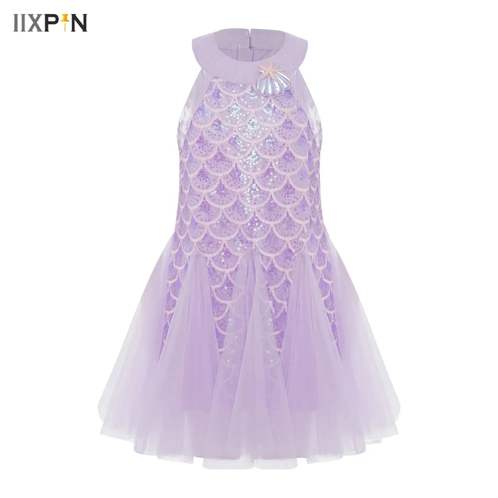 

Kids Girls Shiny Sequins Mermaid Fish Scales Dress Halter Back Zipper Fairy Princess Dresses for Birthday Party Gown Cosplay