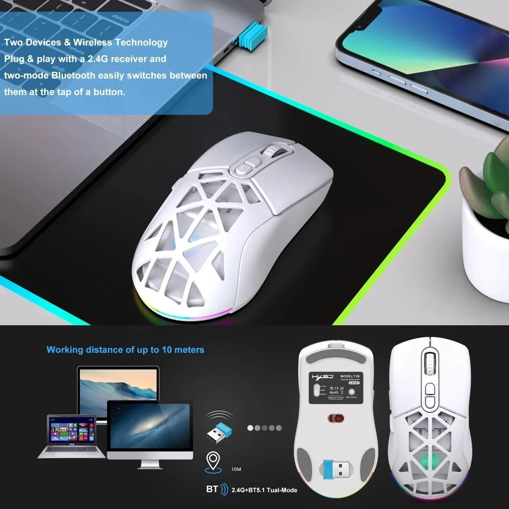 2.4G & BT5.1 Dual Mode Gaming Mouse Adjustable 4800DPI RGB Backlight Rechargeable Ergonomic Mouse for PC Laptop Tablet Office