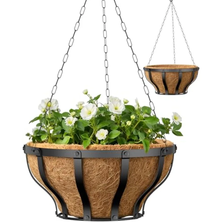 

Прочные кованые подвесные кашпо с кокосовым вкладышем и усиленной цепью для растений, 12 дюймов, 2 штуки в упаковке, идеально подходят для сада, патио, веранды