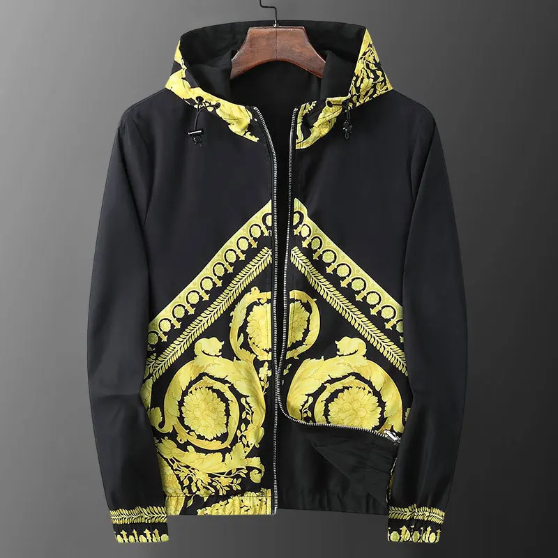 Double -sided Wear Jacket Luxurious Baroque Black Golden Palace Printing Pattern Hooded Jacket Male Club Outfit Pattern Jacket