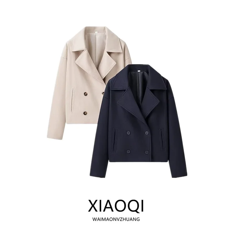 

Faionable ort Woolen Coat 2025 Autumn New Arrival Women's Commute Double Button Design Straight Cut Long Sve Suit Jaet