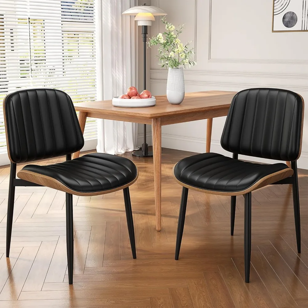 

Dining Chairs Set of 2, Mid-Century Modern Upholstered PU Leather Chairs with Walnut Bentwood Back and Metal Legs Adjustable Fee
