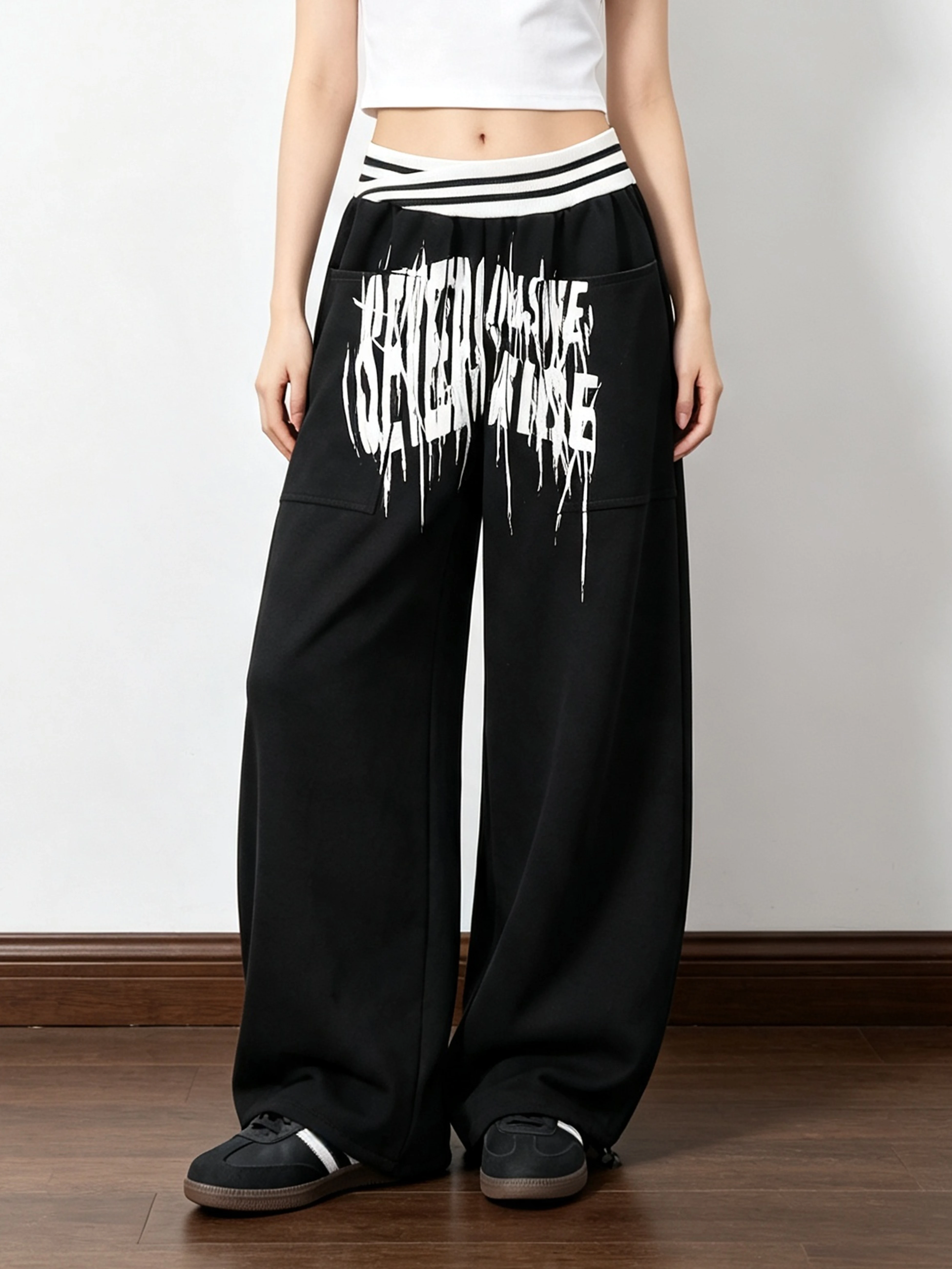 Loose Wide Leg Pants Women's Casual Cotton Polyester Blend Printed American Letter Gothic Style Trousers Asymmetrical Design