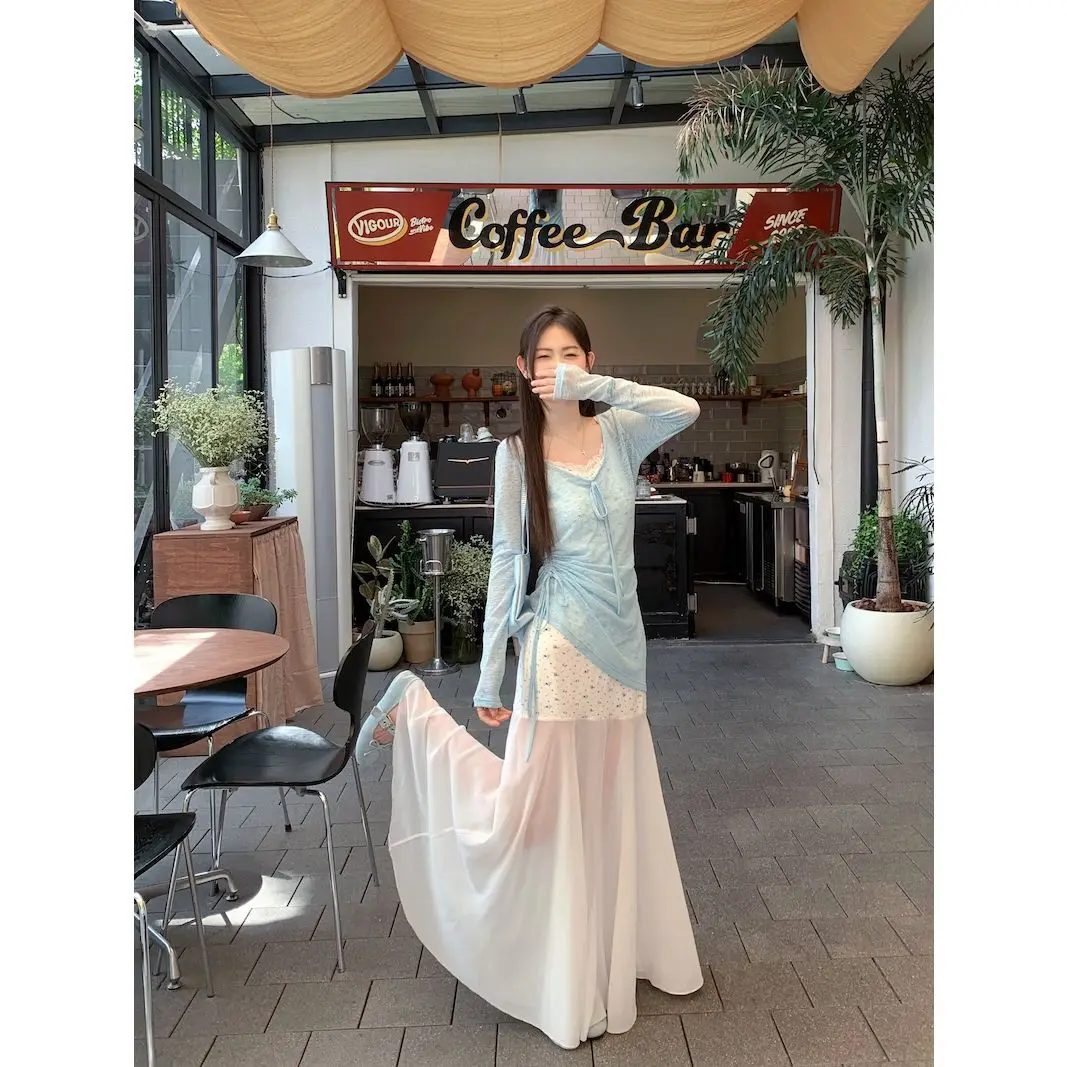 

New Floral Suspender Dress Women's French Waist Temperament Splicing Long Dress Simple