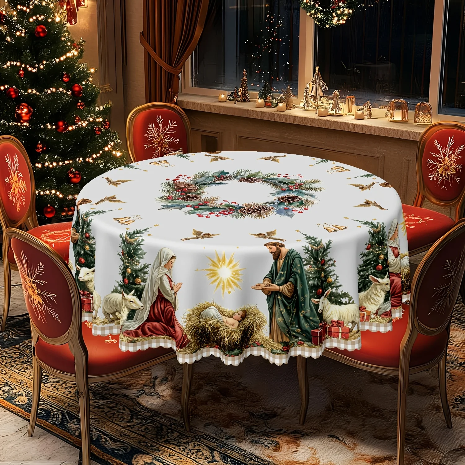2D print Christmas nativity scene design tablecloth, perfect for winter celebrations, round tablecloth