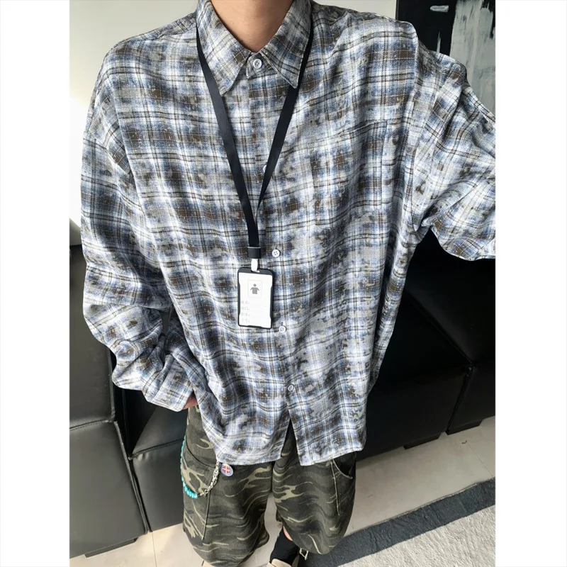 Tie Dye Long Sleeved Shirt Men Retro Plaid Shirt Men Japanese Streetwear Loose Casual Shirts Mens Fashion Shirts Large Size 5XL