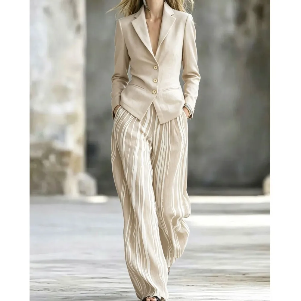 Commuting Style Long Pants Set Elegant Autumn Winter Versatile Single Breasted Long Sleeved Suit Jacket Long Pants Two-piece Set 1