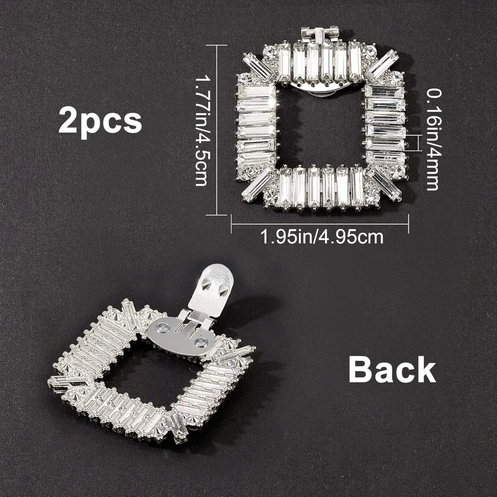 2PCS Silver Shoe Clip Shoes Jewelry Decoration Rectangle Crystal Shoe Buckle with Crystal Rhinestone for Wedding Party