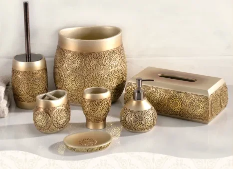 Deluxe Design durable Beige Gold Resin Bathroom Accessory Set for hotel