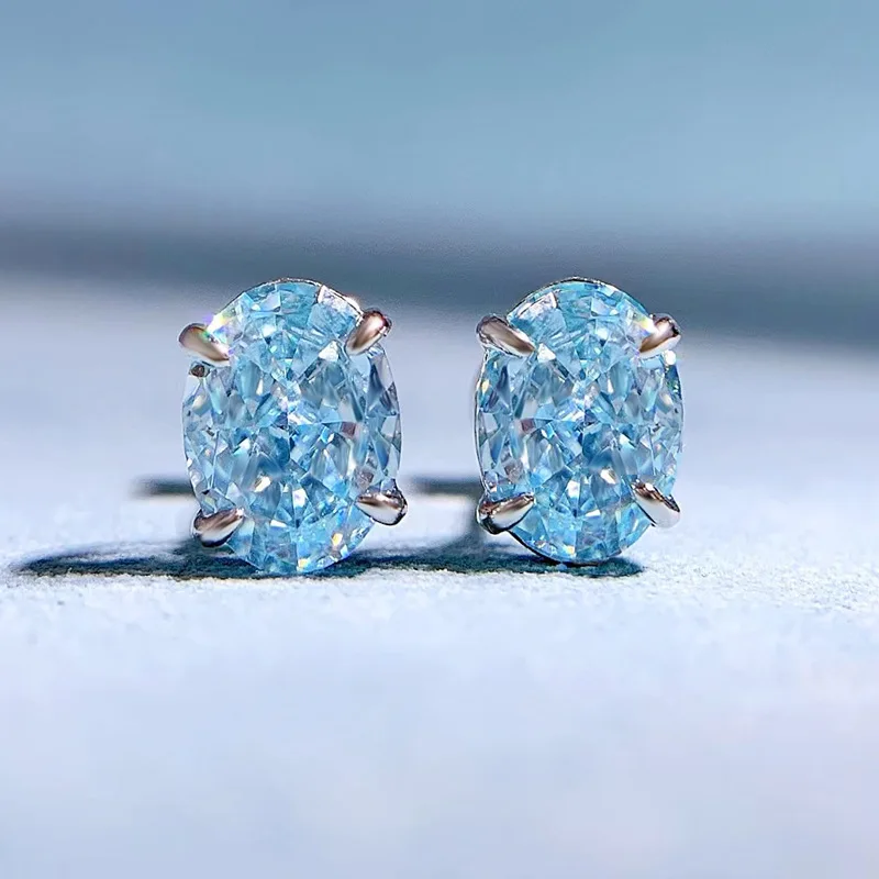 

Classics 925 Sterling Silver Crushed Ice Cut Aquamarine High Carbon Diamonds Gemstone Ear Studs Earring Wedding Fine Jewelry