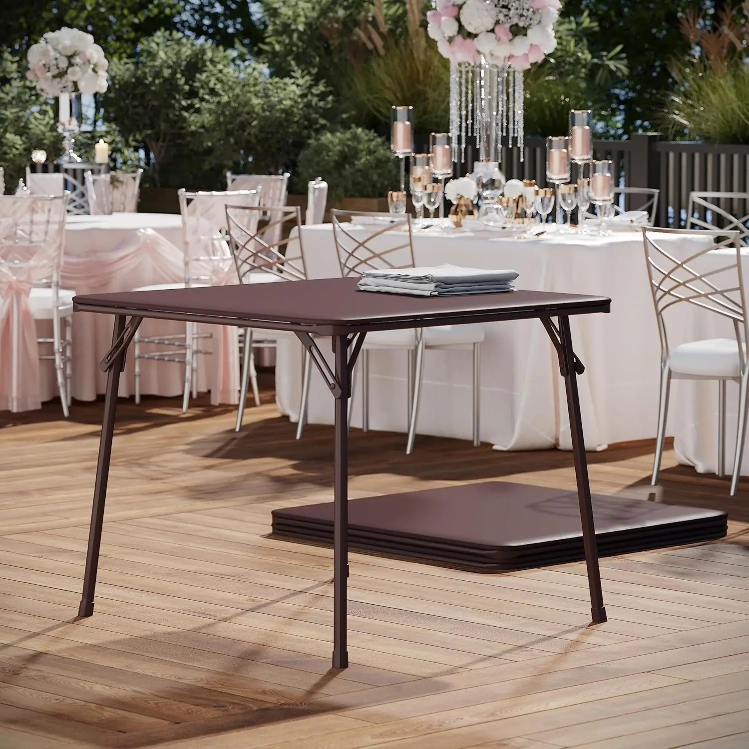 طاولة بطاقات مربعة قابلة للطي مقاس 33.5 بوصة مع سطح مبطن من الفينيل، طاولة ألعاب محمولة تتسع لـ 4 لاعبين، بني #5