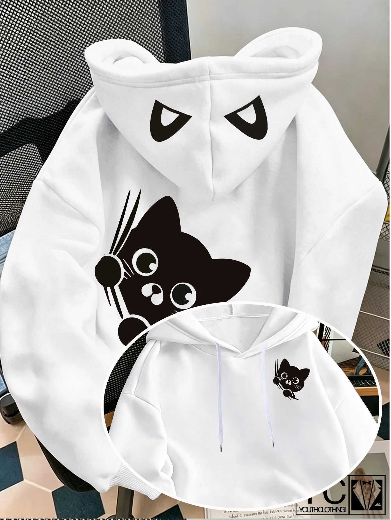 Herren-Hoodie mit süßer spähender schwarzer Katze, Cartoon-Katzen-Print, grauer Oversize-Pullover, Streetwear-Sweatshirt für Herbst und Winter – Detail 6