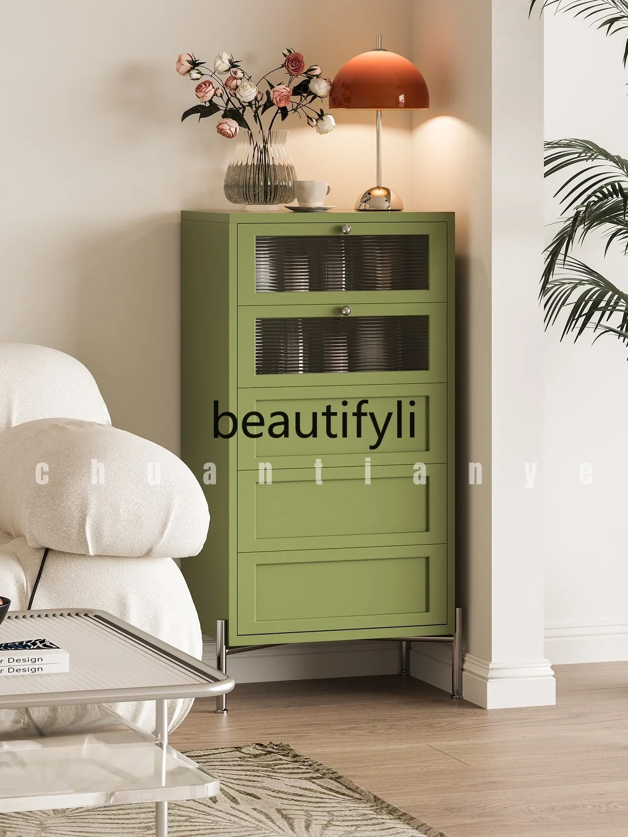 French cream wind five buckets living room bedroom glass storage vertical cabinet coffee cabinet
