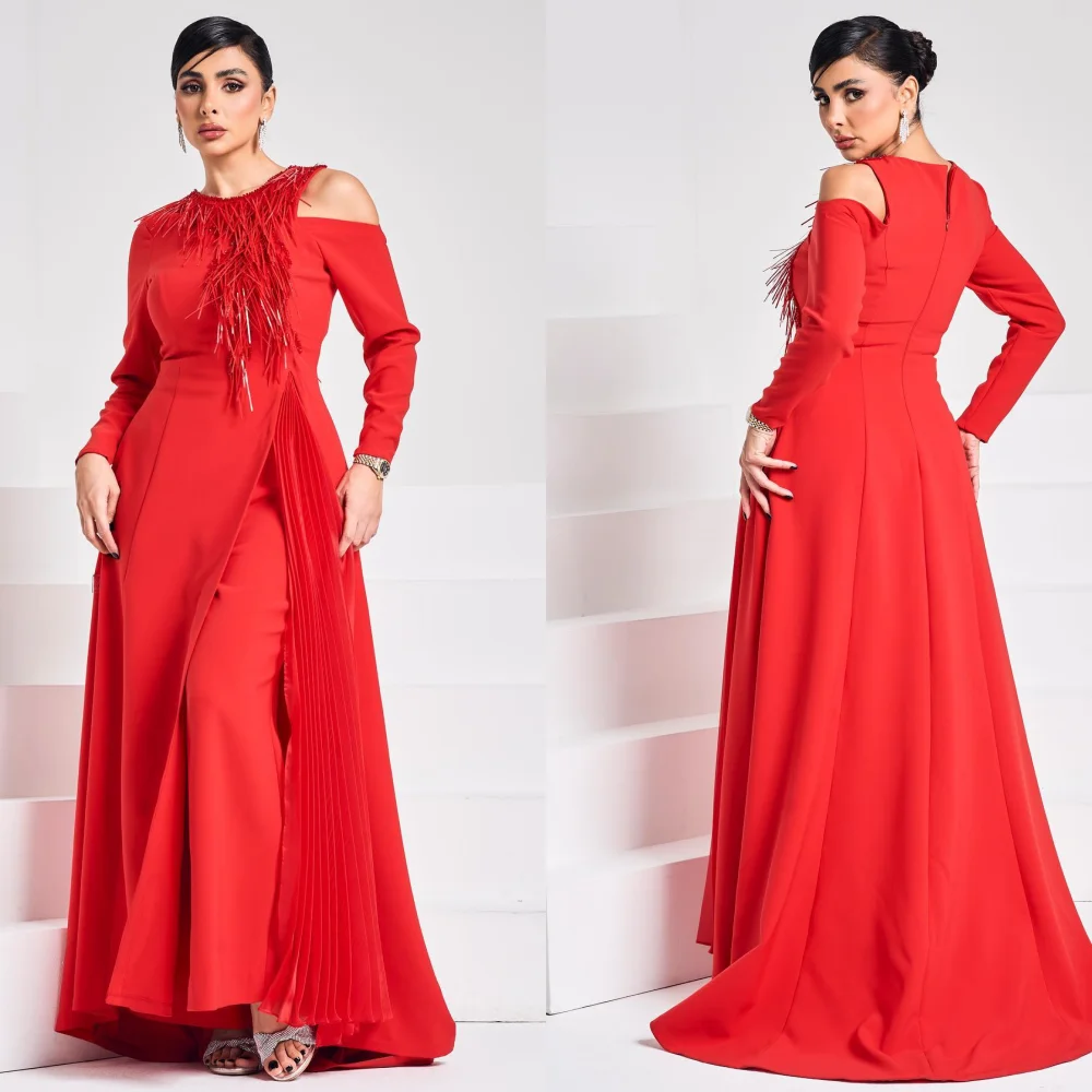 Jiayigong  Satin Feather Draped Valentine's Day A-line O-Neck Bespoke Occasion Gown Long Dresses Saudi Arabia