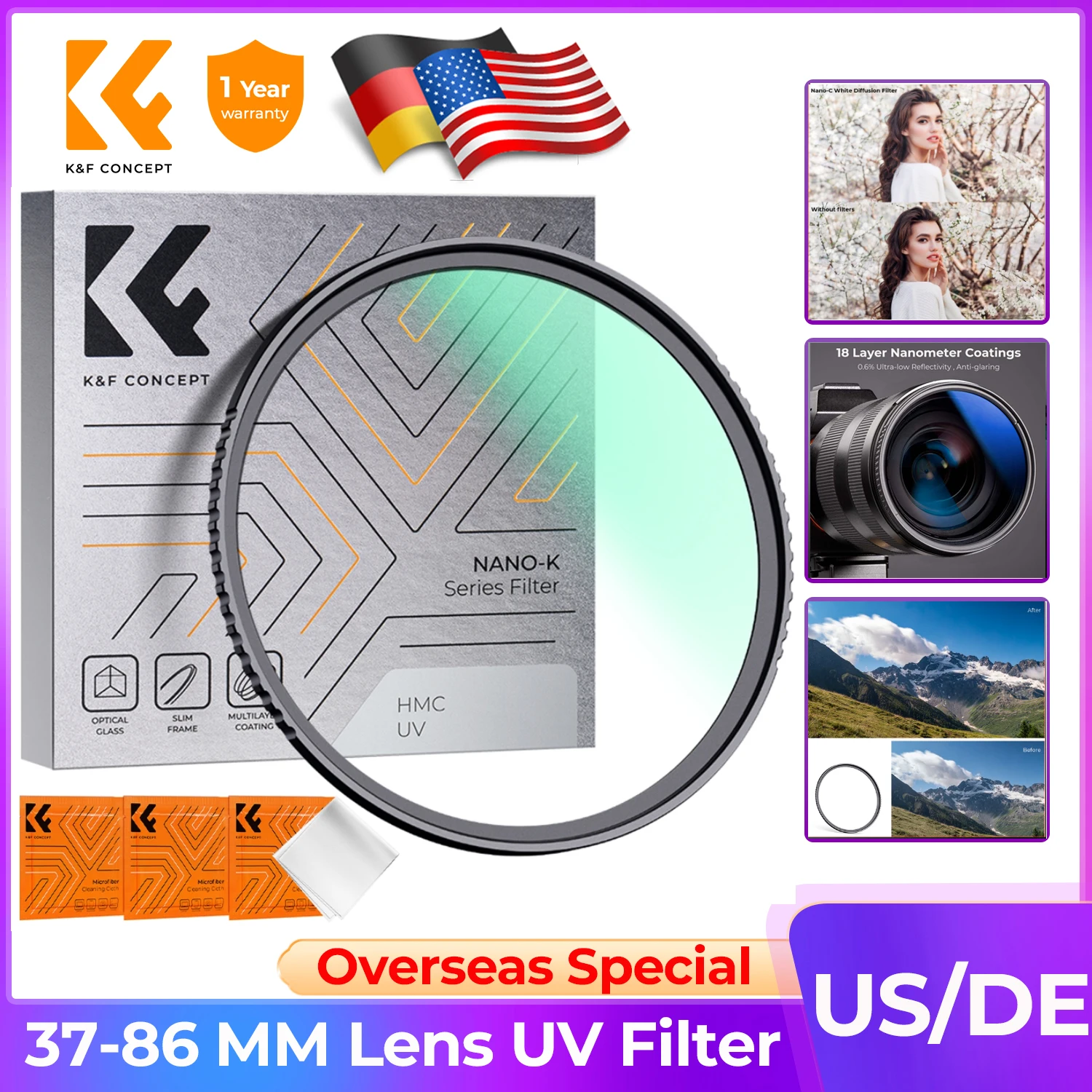 K&F CONCEPT UV Filter Lenses MC Ultra Slim Optics with Multi Coated Protection 49mm 52mm 58mm 62mm 67mm  77mm 82mm Camera Filter