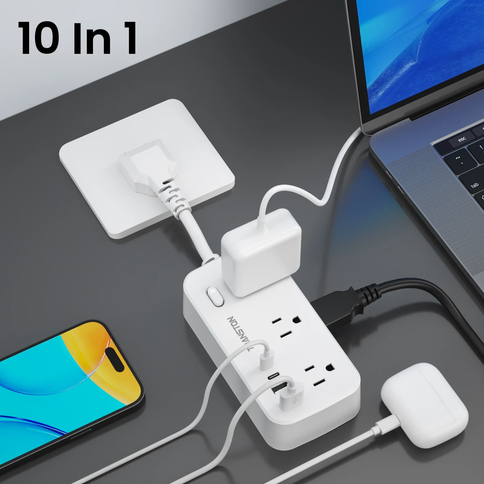 protezione da sovratensione per ciabatta con 6 prese CA, 2 porte di ricarica rapida USB e 2 USB-C, 10 in 1,45 ° tappo inclinabile, protezione avanzata per