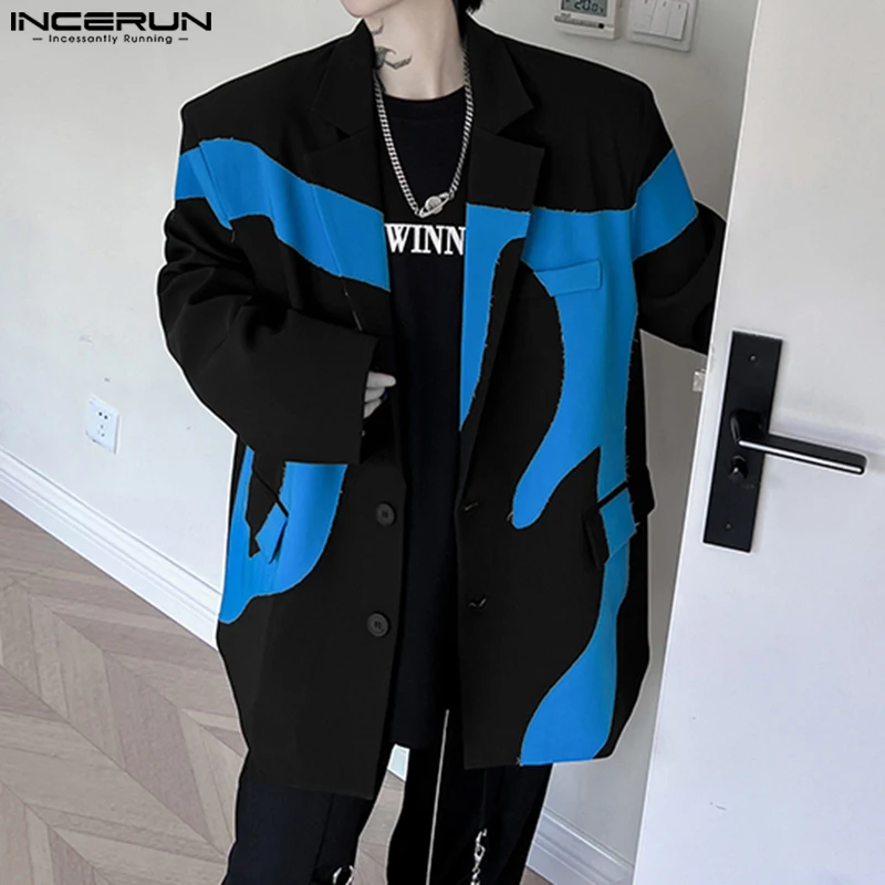 INCERUN Stylish Personality Tops Handsome Men's Color Block Splicing Blazer Casual Male Loose All-match Long Sleeved Suit Coats