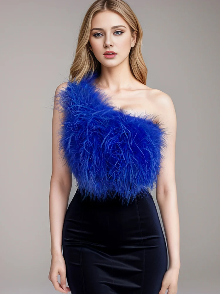 

New 100% Ostrich hair Single shoulder Chest Wrap Bra Underwear Sexy Silk Back Fabric Comfortable Women's fur coat Customization