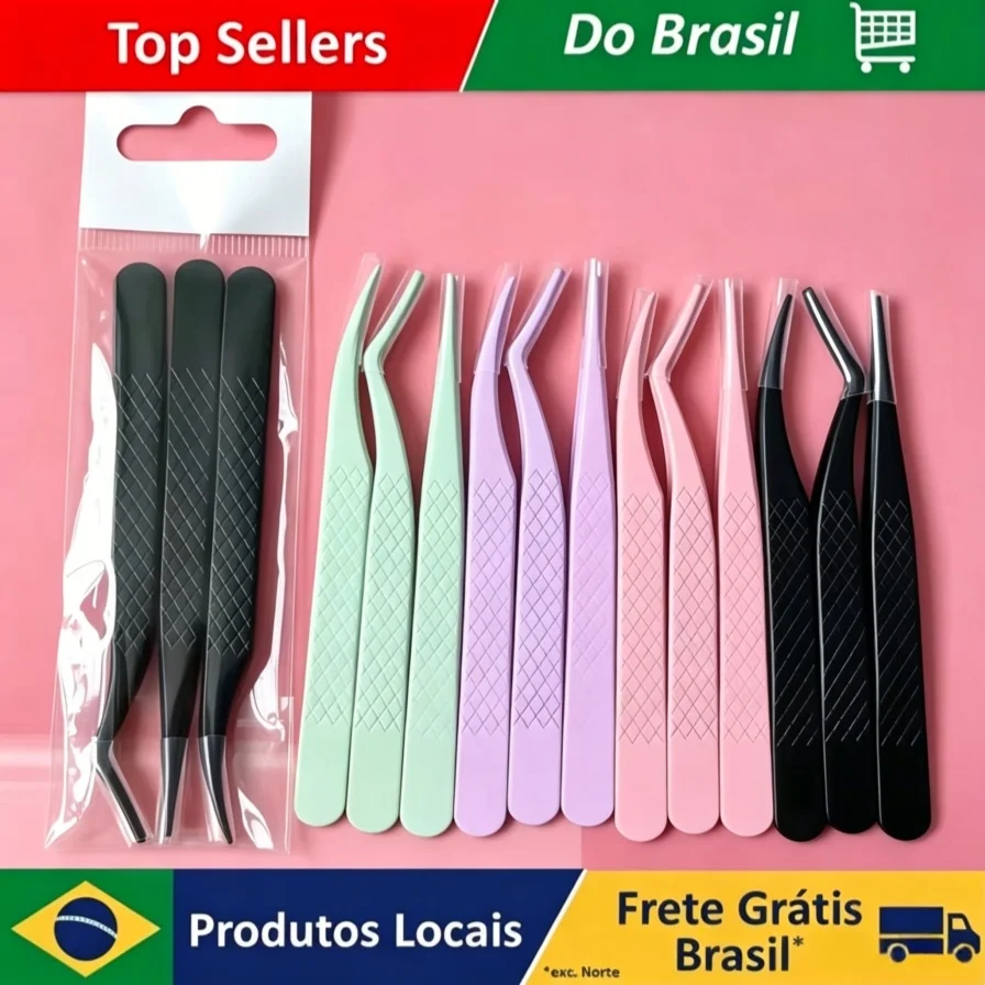 Pinças Profissionais de Precisão para Cílios, 3 Peças, Ponta Curva de Titânio, Ferramenta de Beleza para Cílios Postiços, Curvador com Ponta de Fibra