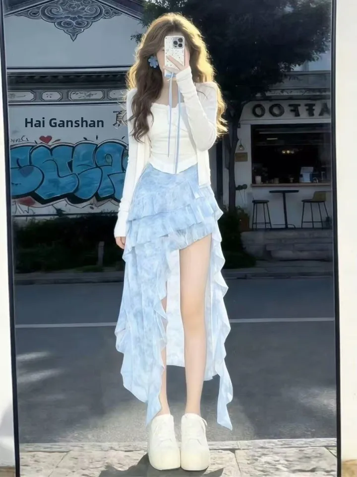 

Fashionable Three-Piece Set Women's Spring Summer New Sweet Atmosphere White Open Cardigan Base Top Irregular Halflinger Skirt