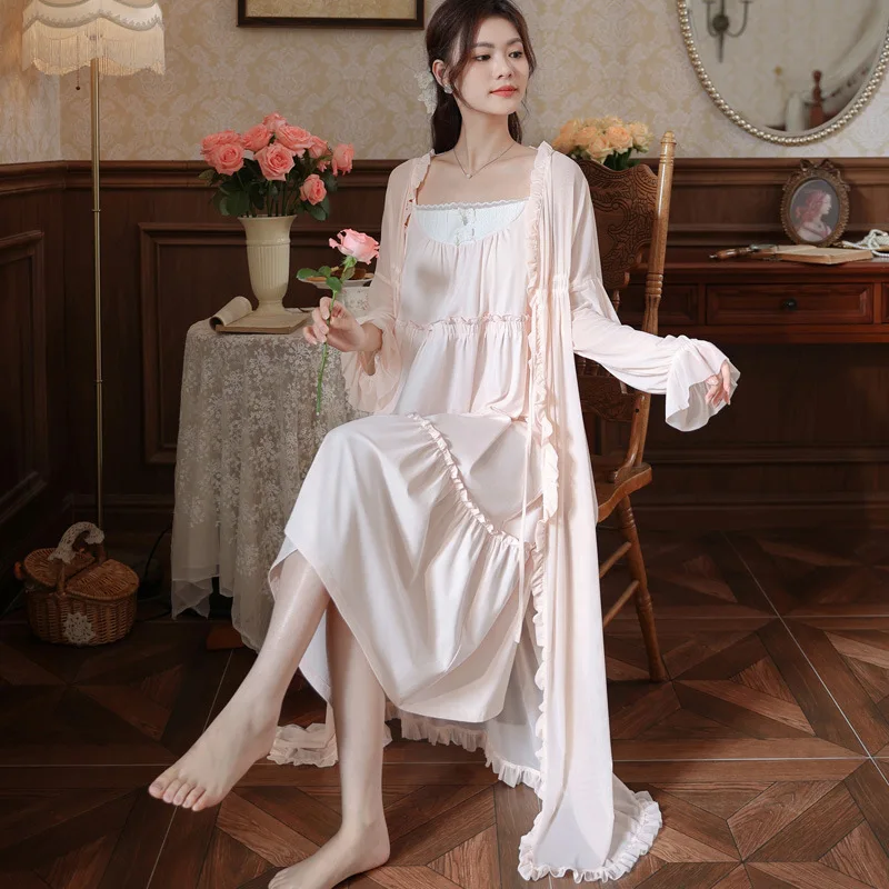 Vintage Victorian Gown and Robe Sets Pijamas Nightwear Autumn Sweet Mesh Night Dress Fairy Women Solid Color Sleepwear Nightwear