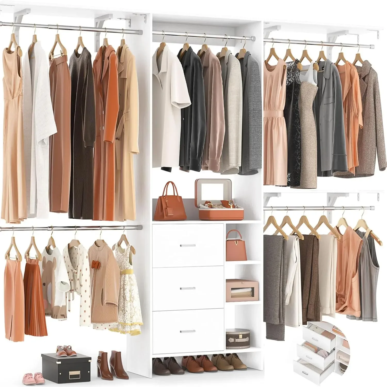 Closet System, Organizer with 3 Wooden Drawers, 8FT Closet Organizer System, 96’’ Walk-in Wardrobe Rack wi