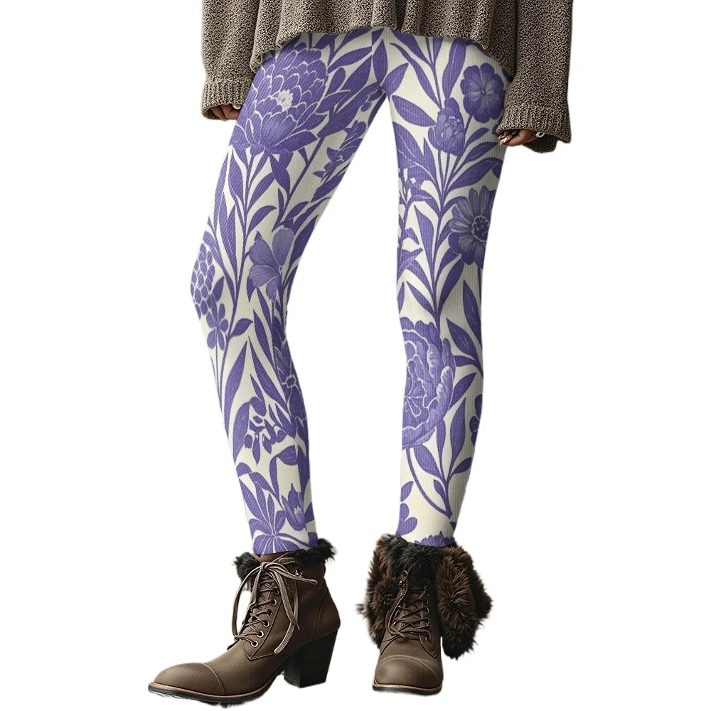 Vibrant Colorful Floral Leggings with Green Vines on White Background Tight-Fit for Fitness Enthusiasts and Daily Activewear